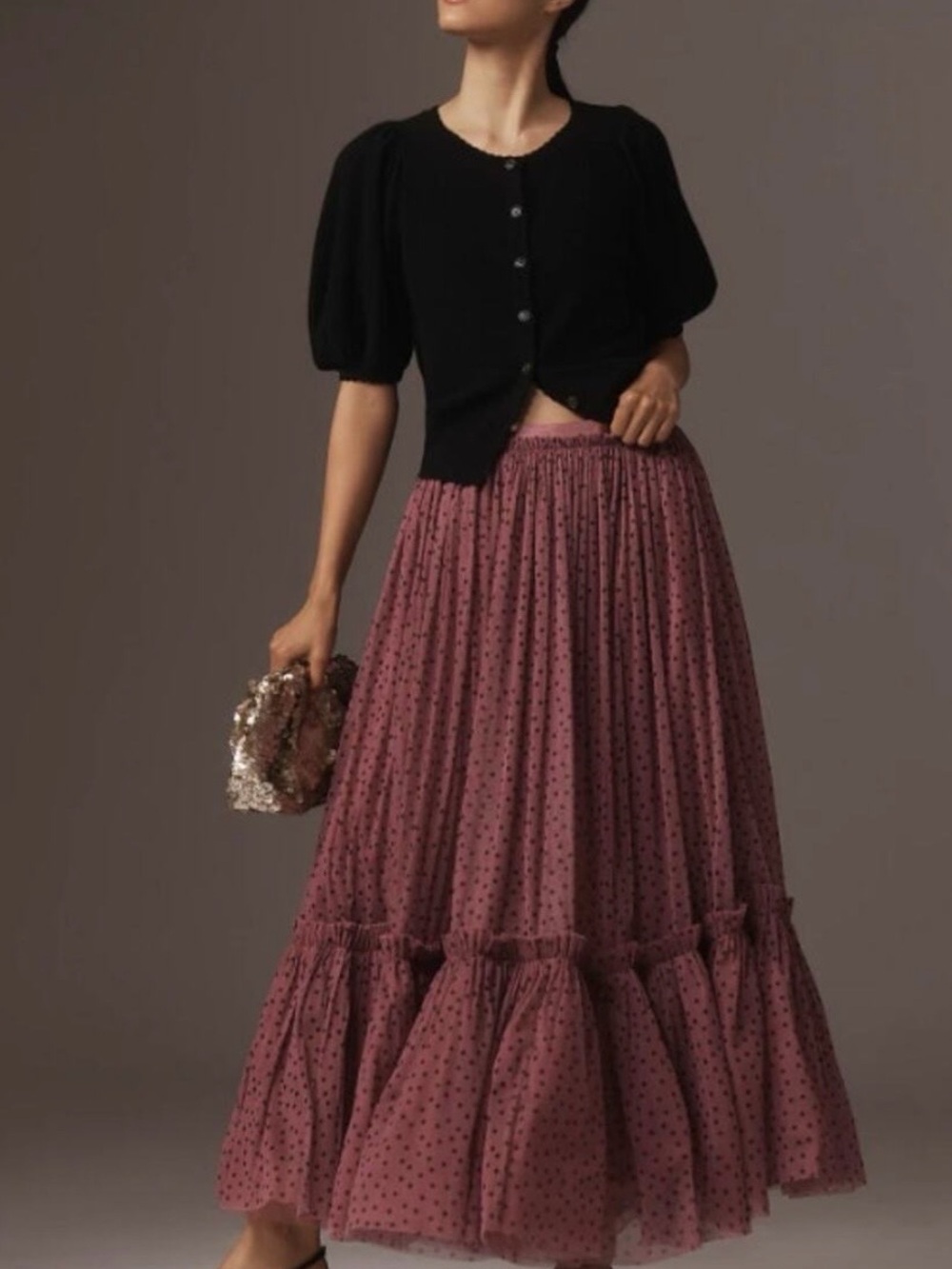 NWT Anthropologie Maeve Tiered Tulle Maxi Skirt Pink Pull on Dot Printed Sheer M